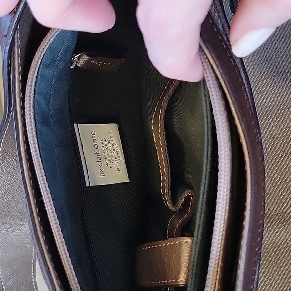 Liz CLAIBORNE brown cloth wool leather shoulder bag purse.  Excellent condition! - Picture 13 of 14